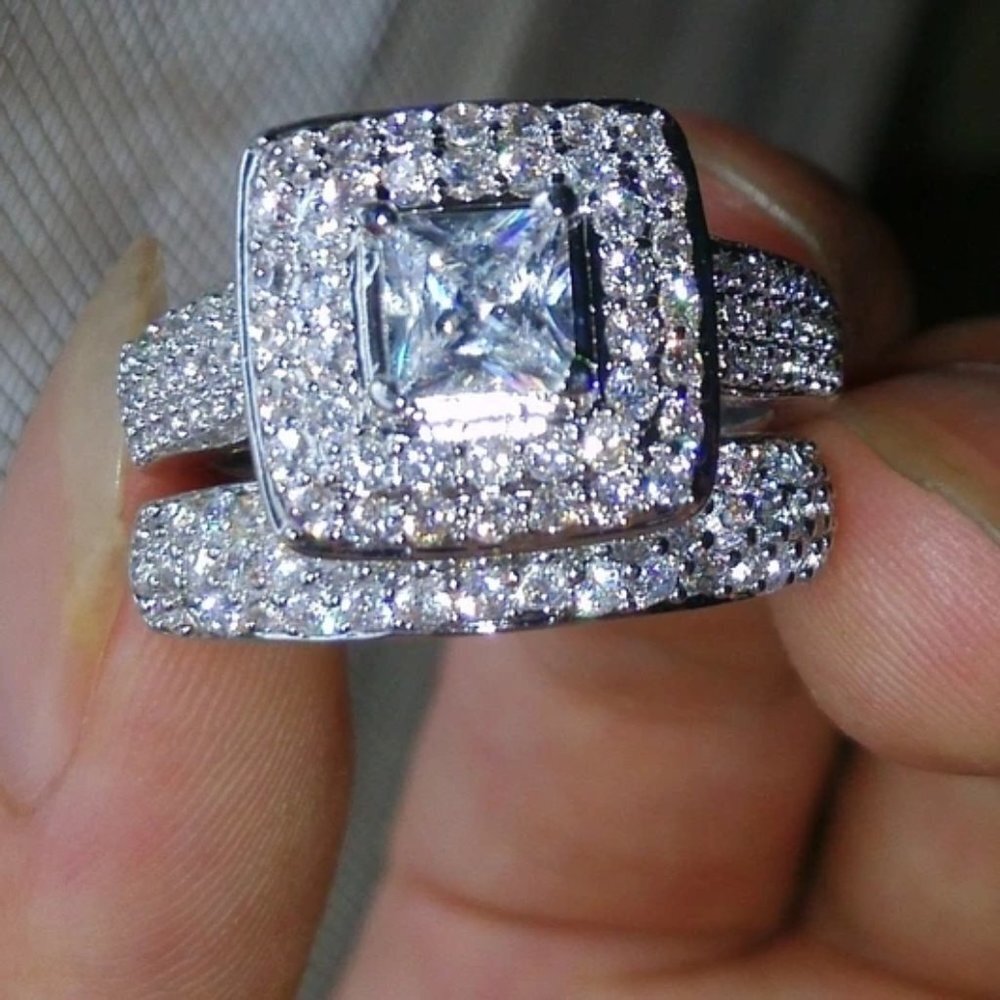 💥Shiny Princess Cut Square Zircon Delicate Luxury Silver Ring Set, UNVN12306 - Picture 3 of 6